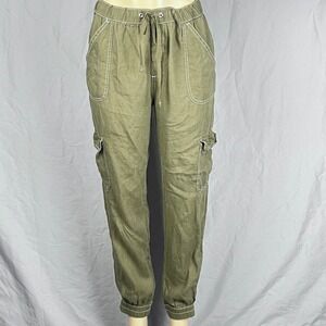 Nicole Miller Linen Cargo Jogger Pants Womens Large Olive Green Contrast Stitch
